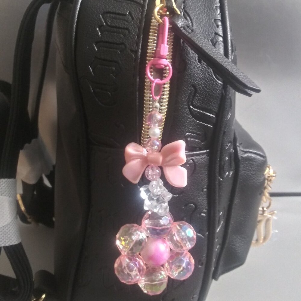 Handmade Pink Flower Beaded Purse Charm/Backpack Keychain with Bow, Acrylic Bead